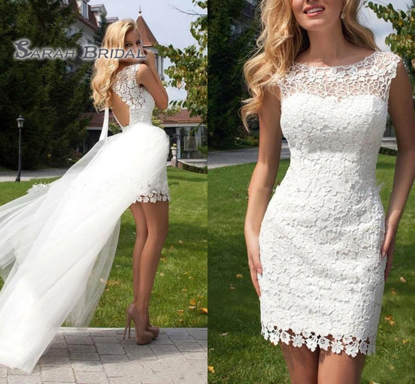 New Short Summer Beach Wedding Dresses Crew Appliques Lace Backless Detachable Train Sexy White Ivory Bridal Gowns Custom Made