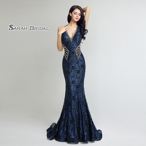 Sexy Prom Dresses Sleeves V-neck Mermaid Shiny Beads Evening Dress Floor Length Ready Gowns LX235