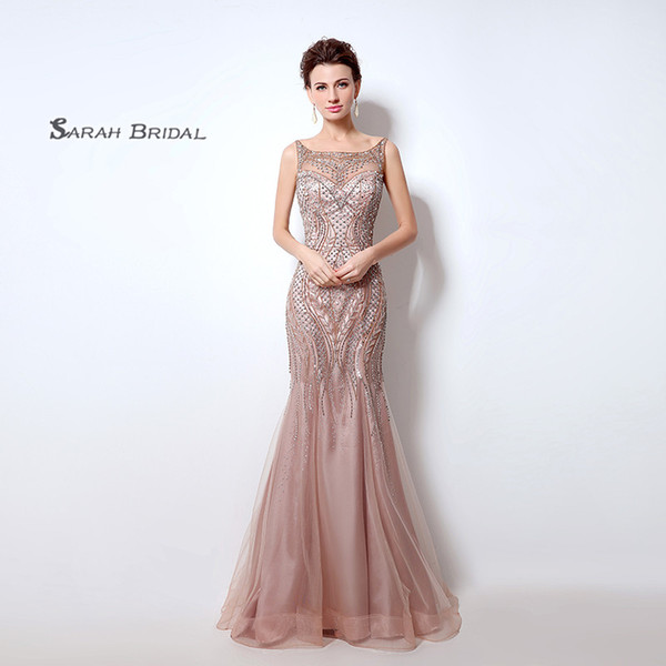 Long Luxury Mermaid Tulle Zipper Prom Dresses Floor Length Beaded Sexy Evening Party Gowns LX029