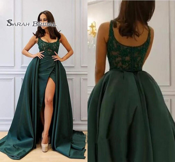 Sexy Long Evening Dresses with Overskirt Scoop Applique Beaded High Split Prom Dresses Party Wear Cheap Sale Custom