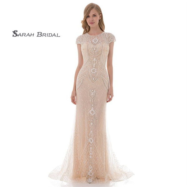 Luxury Crystal Mermaid Ivory Lace Prom Party Dresses Sexy Elegant Beading Vestidos De Festa Evening Occasion Gown LX477