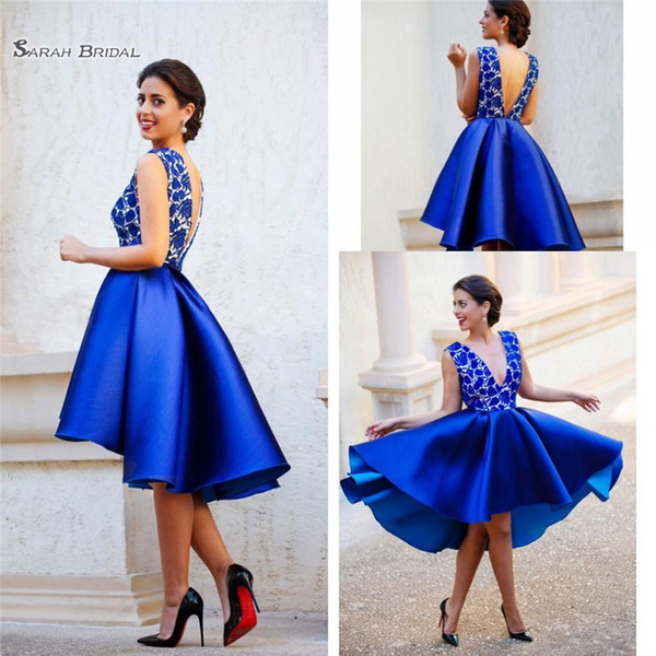 Royal Blue Hi Lo Short Prom Dresses Deep V Neck and V-back Arabic Party Gowns