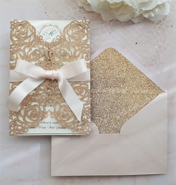 Rose Gold Glitter Laser Cut Wedding Invitation with Bow and Glittery Envelope, Laser Cut Invites for Wedding Party Graduation