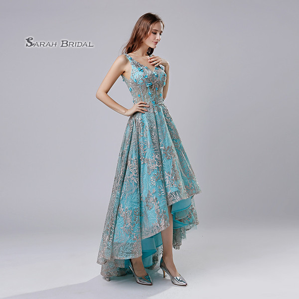 Sky Blue Lace A-Line Hi-Lo Quinceanera Prom Party Dress Beach Elegant Vestidos De Festa Evening Occasion Sleeveless Formal Wear LX524