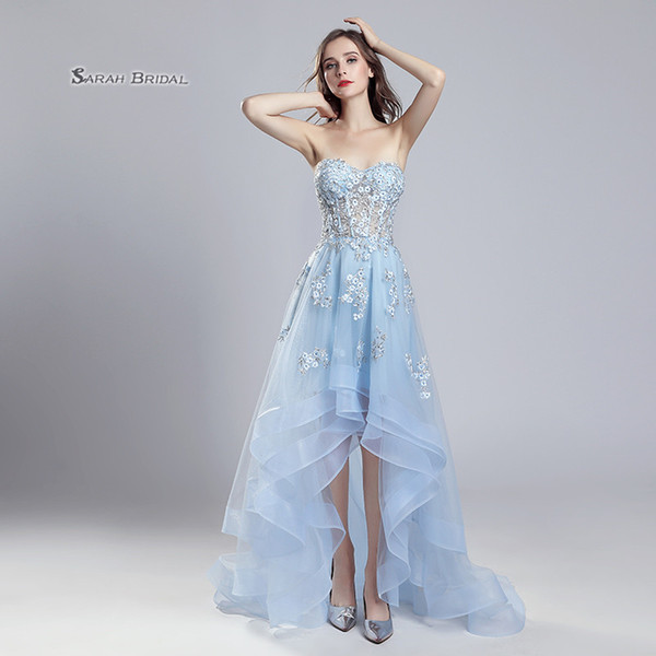 Baby Blue Lace A-Line Hi-Lo Prom Party Dress Sexy Elegant Vestidos De Festa Evening Occasion Sleeveless Formal Gown LX552