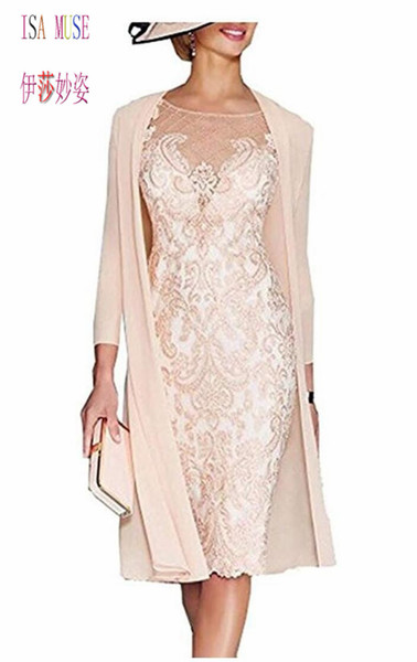 Lace Mother Of The Bride Dresses Plus Size Formal 3/4 Sleeve Knee Length Sheer Neck Applique Mother Groom Dresses