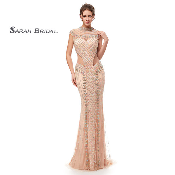 Champagne Short Sleeves Mermaid Prom Dresses With Sequins High-neck Tulle Hollow Evening Party Gowns 5401