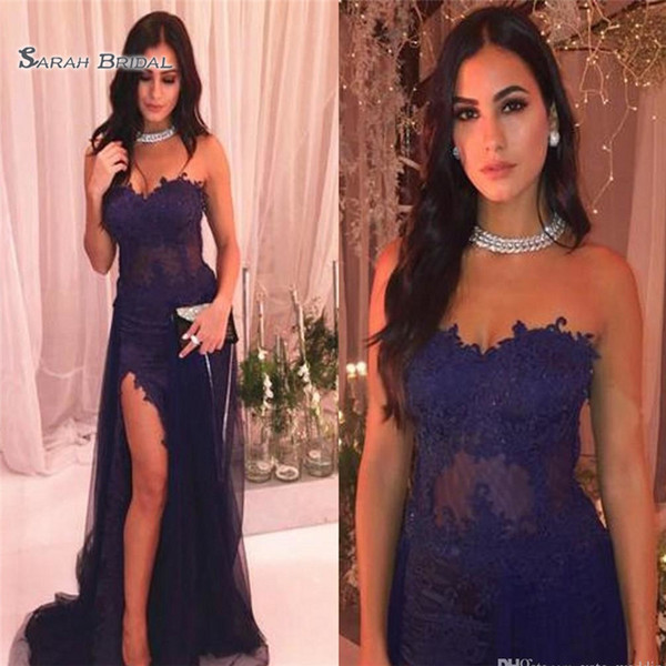 Sexy High Split Evening Dresses Sweetheart Mermaid Prom Dresses Appliques Lace Tulle Satin Saudi Arabic Hot Sales