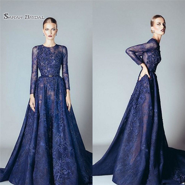 A-line Evening Dresses Appliques Sweep Train Lace Prom Dress With Long Sleeves Evening Party Gowns