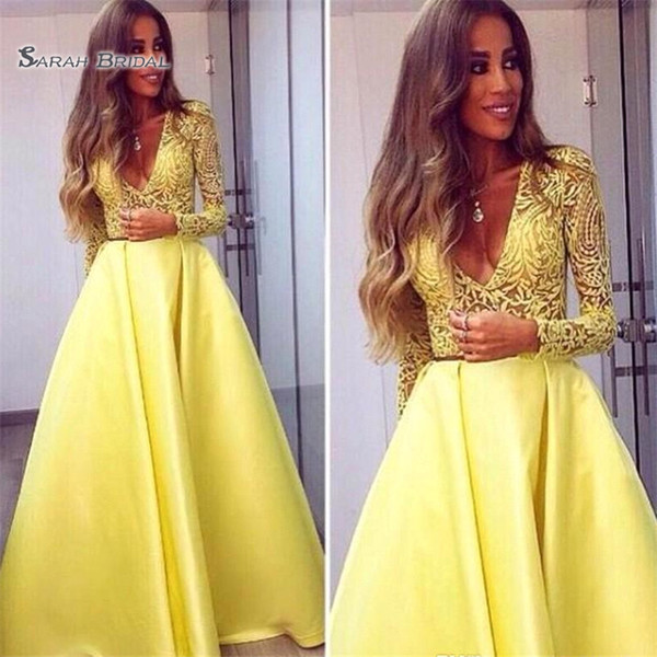 Dubai Abaya A-Line Evening Gowns Long Sleeves V neck Lace Dress Evening Wear Prom Party Dresses