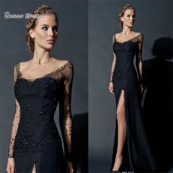 High Split Sheath Evening Dresses Long Sleeve Lace Sequines Evening Gowns Custom Made Celebrity Prom Dress