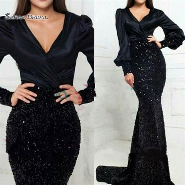 Sparkly Sexy Mermaid Black Evening Dresses Long Sleeves V-Neck Formal Dress Party Prom Wear Sequined Gowns