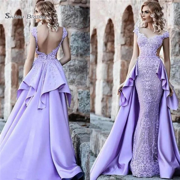 Purple Satin Lace Mermaid Evening Dresses Detachable Train Party Gowns Backless Custom Made robe de soiree