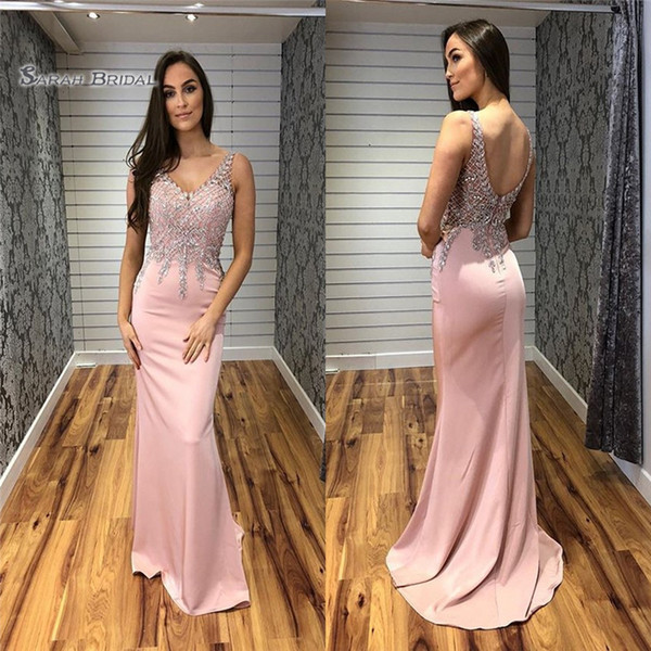 Mermaid V-neck Backless Appliques Sweep Satin Sleeveless High End Quality Evening Party Dress Hot Sales