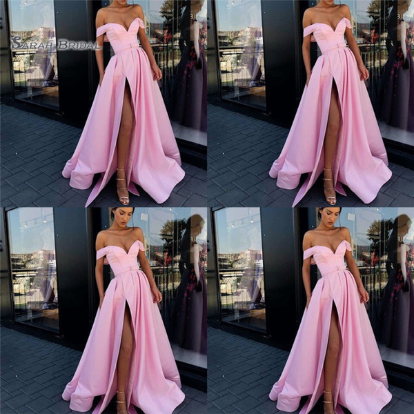 Pink Off Shoulder Split Prom Dresses Sleeveless High End Quality Evening Party Dress Hot Sales