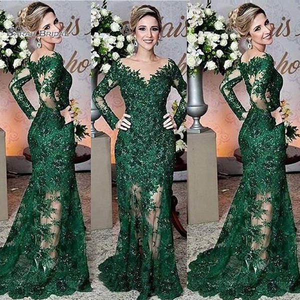 Green Mermaid Appliques Lace Jewel Long Sleeves Formal Evening Wear In Stock Hot Sales High-end Quality Dress