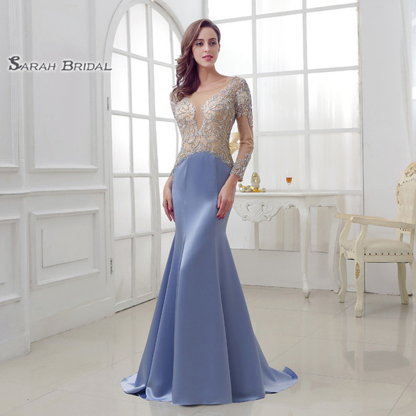 Long Satin Mermaid Sweep Prom Party Dresses Sexy Sheer Bodice Elegant Vestidos De Festa Evening Occasion Long Sleeves Gown LX287