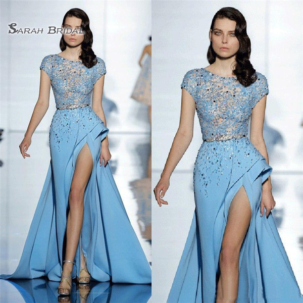 A-line Formal Celebrity Evening Dresses Short Sleeves Beaded Sequin With High Split Prom Special Occasion Gown