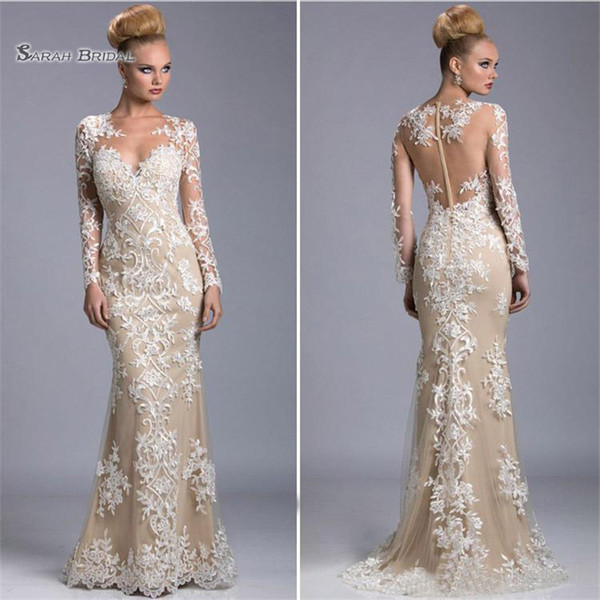 Modest Mermaid Evening Dresses Long Sleeves Lace Appliques Formal Party Gowns Floor Length Bridal Guest Dress