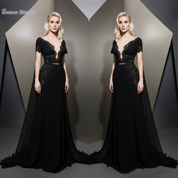 Classic Black Evening Dresses Lace With Short Sleeve V Neck Appliques Evening Prom Dress Party Gowns