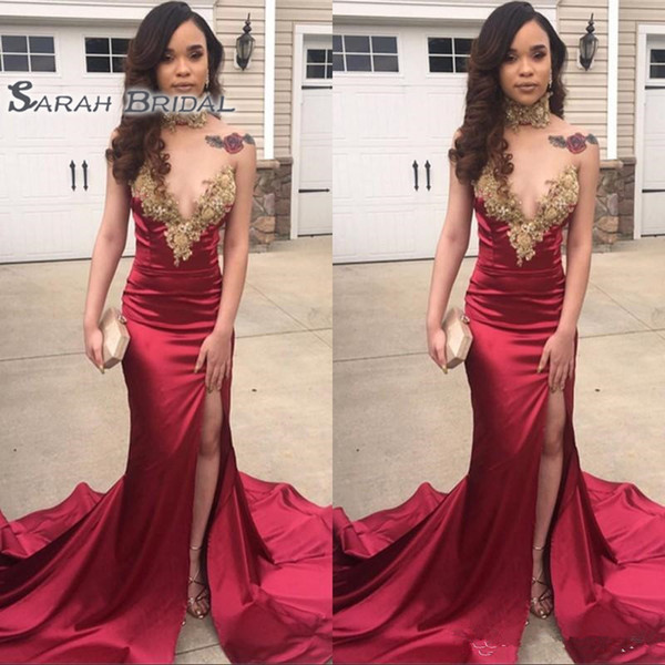 Sexy African Mermaid Side Split Prom Party Dresses Lace Applique High Neck Evening Gowns Vestidos De Fiesta Sweep Train Formal Dress