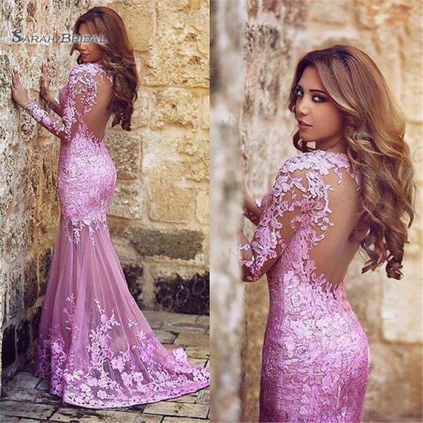 Arabic Style Pink Lace Mermaid Evening Prom Dresses Long Sleeves Backless Mermaid Bride Party Gowns