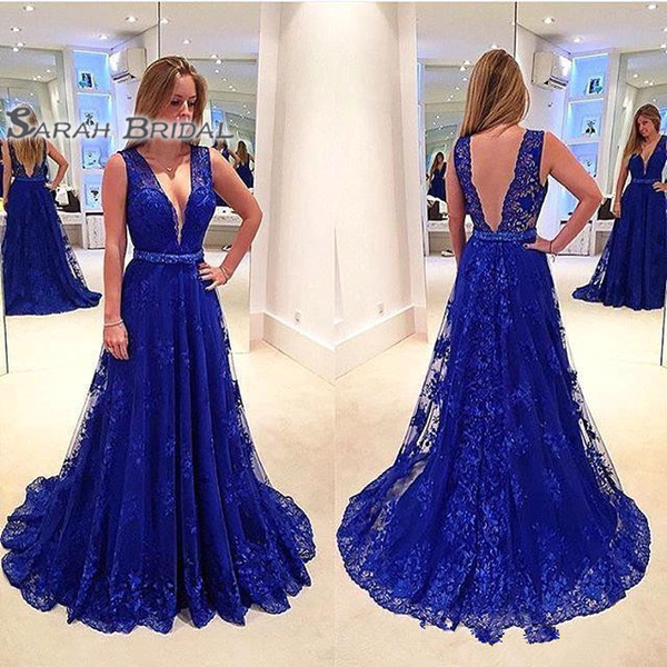 Sexy Deep V-Neck Royal Blue Mermaid Prom Dresses Backless Sleeveless Sash Lace Appliques Evening Gowns Plus Size Vestidos De Festa