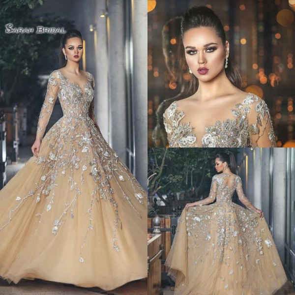 Elegant Champagne A-line Evening Gowns With Long Sleeve Tulle and Appliques Special Occasion Dress Prom Dresses