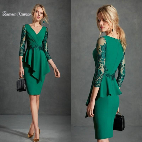 Short Green Sheath Cocktail Prom Wear Dress V Neck Long Sleeve Knee Length Hot Sales