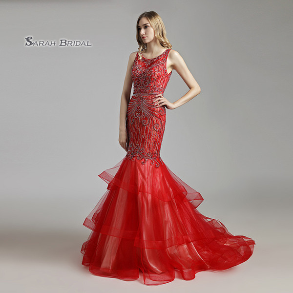 Red Crystal Lace Mermaid Beaded Prom Party Dress Sexy Elegant Beading Vestidos De Festa Evening Wear Formal Occasion Gown LX492