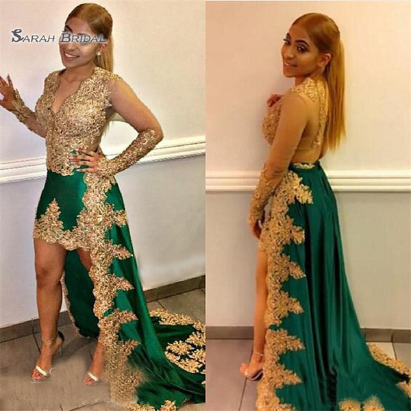 Gold Appliques Lace High Low A-line Prom Dresses Long Sleeves V Neck Green Satin Celebrity Evening Dress Party Gown