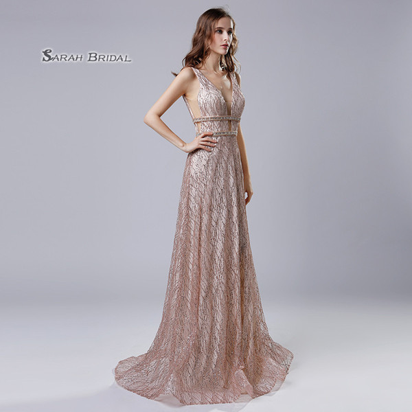 Rose Gold Sequins A-Line Sparkly Prom Party Dress Deep V-Neck Sexy Elegant Vestidos De Festa Evening Wear Formal Occasion Gown LX541