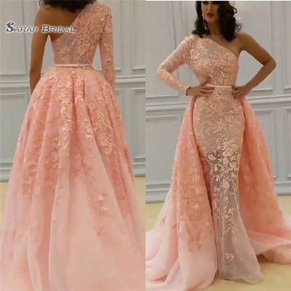 Pink One Shoulder Formal Evening Dress Mermaid One Long Sleeve With Floor Length Arabic Style Prom Dresses