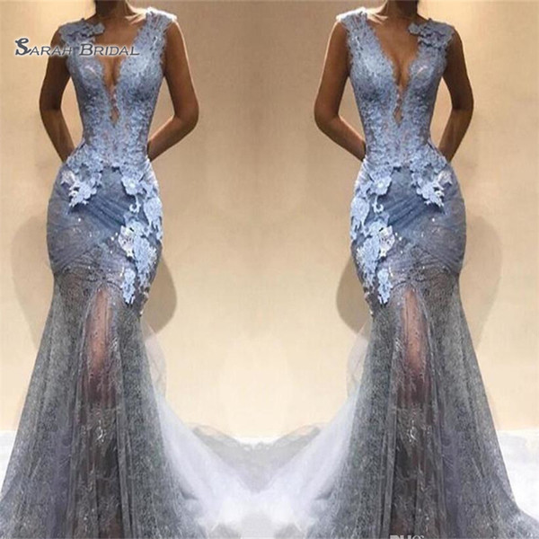 Mermaid Prom Dresses Sexy Deep V Neck Lace Appliques Evening Maxi Dress Illusion Party Gowns