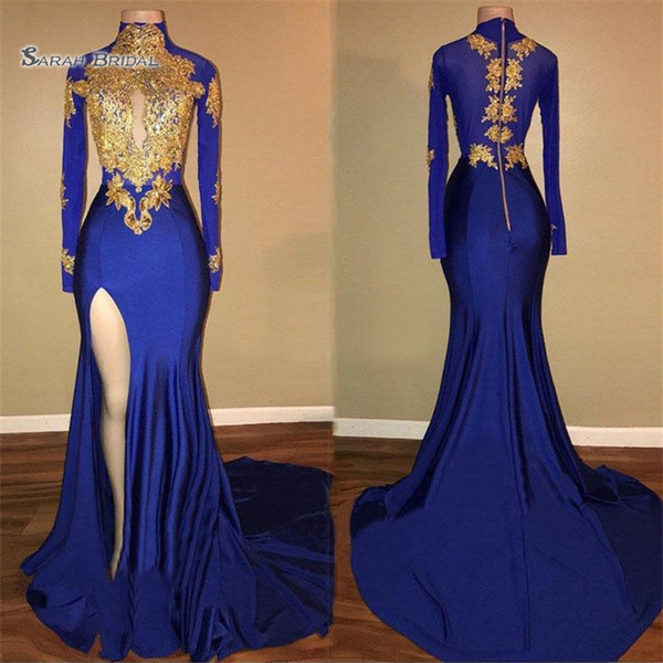 Royal Blue Mermaid Prom Dress Evening Dresses Long Sleeve High Neck Lace High Split Party Gown Hot Sales