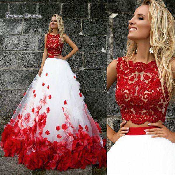 Red and White Evening Prom Dresses With 3D Flowers Sleeveless Tulle Two Piece Pageant Dresses