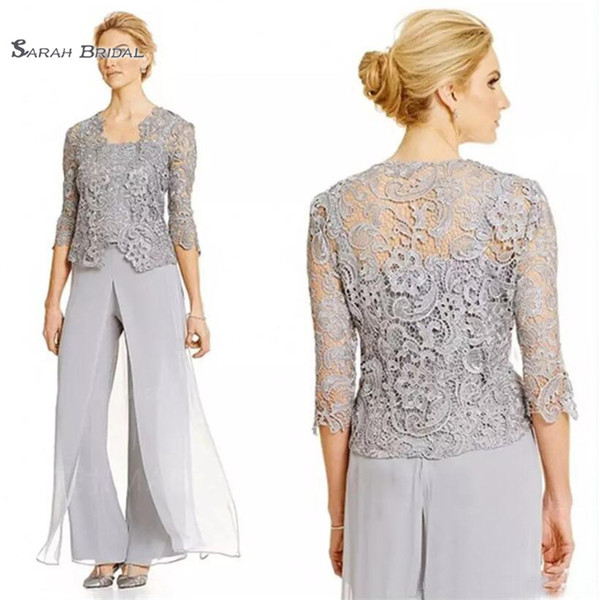 Cheap Three Pieces Mother Of the Bride Scalloped Mothers Suit with Lace Jacket Wedding Suits