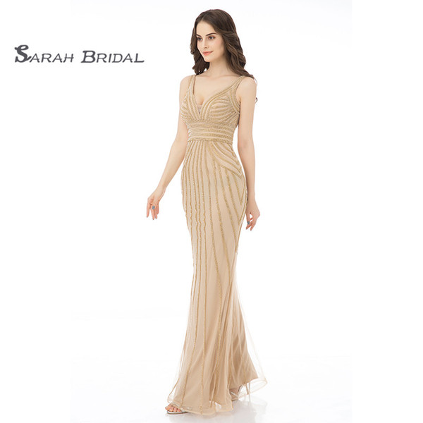 Tulle Sheath Champagne Beaded Prom Party Dresses Sexy Elegant Vestidos De Festa Evening Occasion Sleeveless Gown LX352