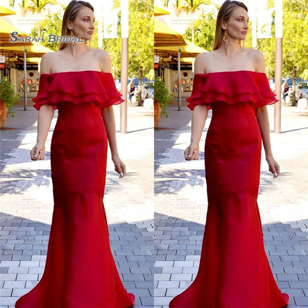 Red Mermaid Off Shoulder Sweep Train Sleeveless High End Quality Evening Party Dress Hot Sales