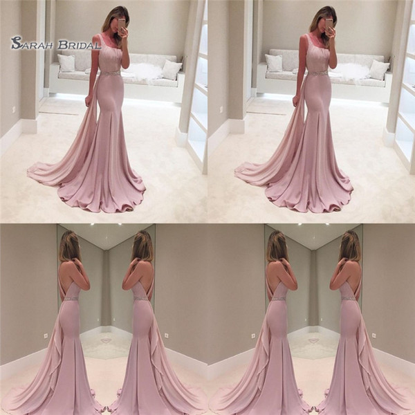 Pink Satin Mermaid Overskirts Sweep Train Sleeveless High End Quality Evening Party Dress Hot Sales