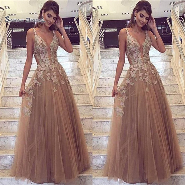 Elegant Floor Length Prom Deep V-neck A-line Appliques Dresses Sleeveless High End Quality Evening Party Dress Hot Sales