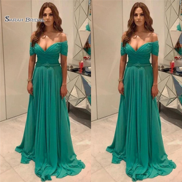 Off Shoulder Chiffon Sweep A-line Prom Dresses Short Sleeves High End Quality Evening Party Dress Hot Sales