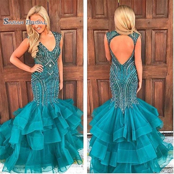 Sexy V-neck Backless Beads Mermaid Sleeveless Prom Dresses High End Quality Party Dress In Hot Sales