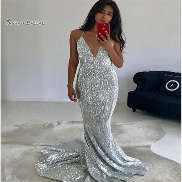 Silver Mermaid V-neck Sweep Sequined Sleeveless Evening Wear In Stock Hot Sales High-end Occasion Dress