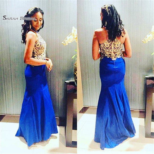 Blue Mermaid Satin Halter Zipper Back Evening Wear In Stock Hot Sales High-end Occasion Dress