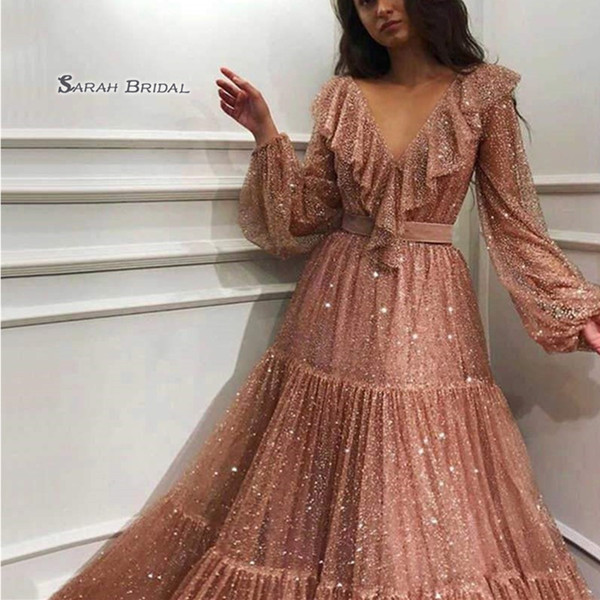 V-neck Tulle Long Sleeves Prom Dresses Vestidos De Festa Evening Wear In Stock Hot Sales High-end Occasion Dress