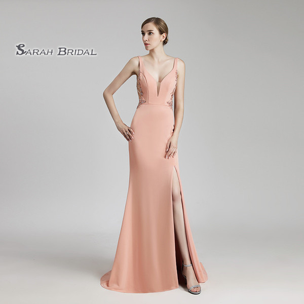 V-neck Backless Mermaid Beads Prom Split Sexy Vestidos De Festa Evening Occasion Sleeveless Gown LX465