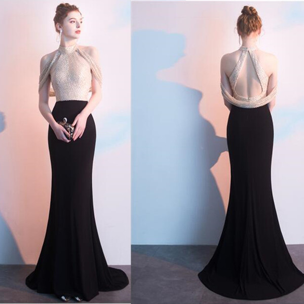 Mermaid High-neck Neckline Sweep Train Beads Backless Sequins Ruched Prom Dresses Sexy Party Dress Hot Sales