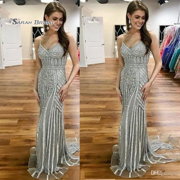 Sexy Cheap Spaghetti Straps Neckline Tulle Sleeveless Prom Dresses Beads Sweep Evening Party Dress Hot Sales