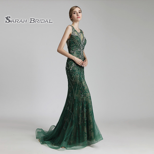 Luxury Crystal Mermaid Green Steel Prom Party Dresses Sexy Elegant Backless Vestidos De Festa Evening Occasion Sleeveless Gown LX429